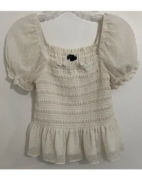 Moa Moa Cropped Top Medium White Smocked Puff-Sleeve Romantic Cottage